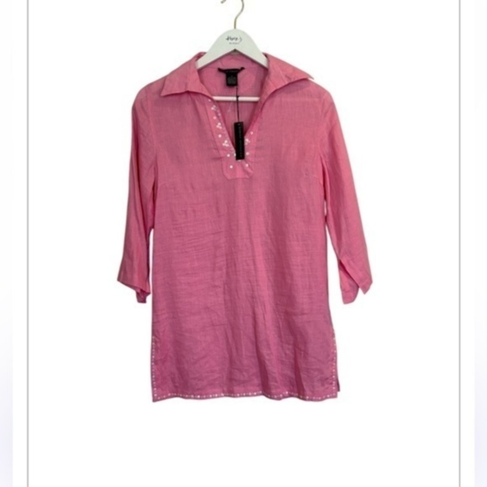 NWT Sarah Spencer 100% Linen Pink Sequin Embellished Split Hem Tunic Size M